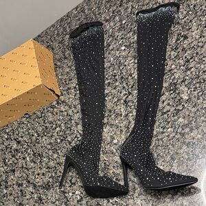 Mix No. 6 Black Over the Knee high heel boots embellished Rhinestones NWT 7.5